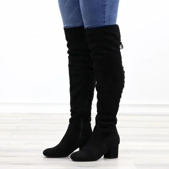 Low Heel Thigh High Boots Faux Suede Back Womens Lace Up Black Above The Knee - Picture 10 of 15